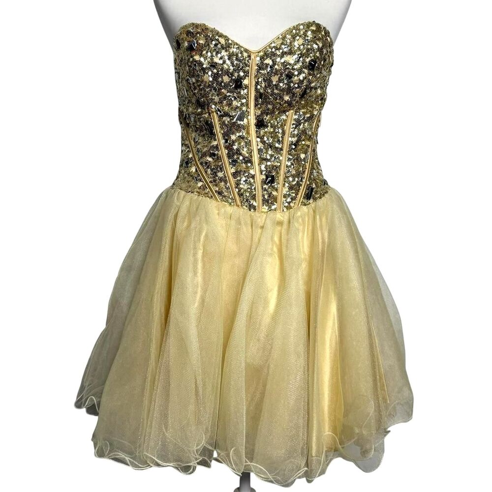 Champagne Gold Sequin Prom Homecoming Pageant corset mini dress.